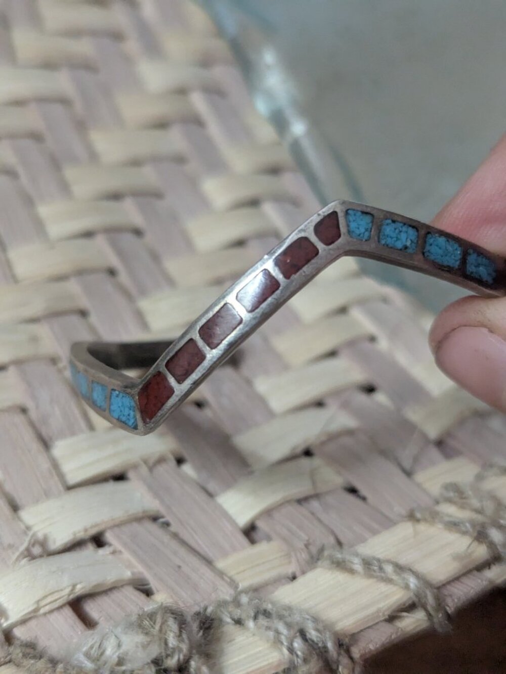 vintage 925 sterling silver crushed turquoise & red coral zig zag cuff bracelet